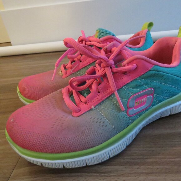 SKECHERS Flex Appeal Memory Foam Cosmic Pink Green Athletic Sneakers Shoes US 5 - Picture 8 of 13